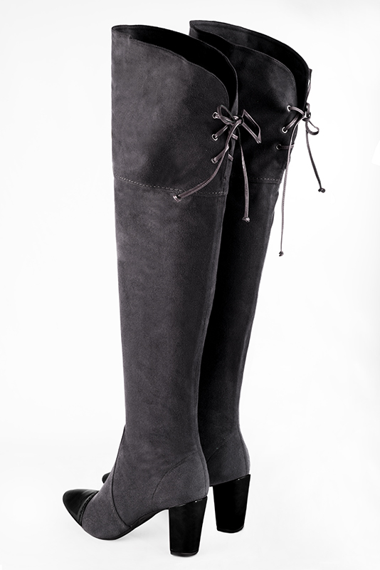 Gloss black and dark grey women's leather thigh-high boots. Round toe. High block heels. Made to measure. Rear view - Florence KOOIJMAN